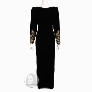 Victor Costa Evening Gown Black Velvet Embellished Sleeves Plunge Back 90s Sz 12